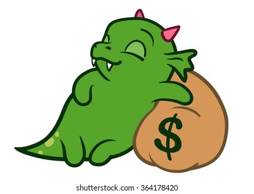 Vector hand drawn cartoon character illustration of a funny cute fat green friendly dragon monster with pink horns, asleep with a peaceful smile hugging a brown money bag with a dollar sign on it.