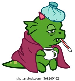 Vector hand drawn cartoon character illustration of a funny fat sick green dragon monster with pink horns, sitting with ice pack on head, covered with a blanket, thermometer in mouth, holding a mug.