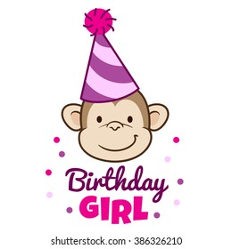 Vector hand drawn cartoon character illustration of a smiling monkey face wearing a pink stripy party hat, with caption below that reads "Birthday Girl". Design element for birthday card or invitation