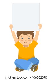 Vector hand drawn cartoon character illustration of a little boy sitting with legs crossed, holding up a blank sign. Editable text sign template design element in contemporary flat vector style.