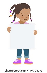 Vector hand drawn cartoon character illustration of a cute little African American girl standing holding up a blank sign. Editable text sign template design element in contemporary flat vector style.