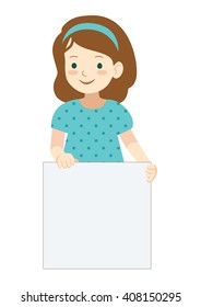 Vector hand drawn cartoon character illustration of a cute little girl standing, holding up a blank sign. Editable text sign template design element in contemporary flat vector style.