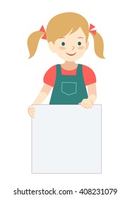 Vector hand drawn cartoon character illustration of a cute little girl with pigtails standing, holding up a blank sign. Editable text sign template design element in contemporary flat vector style.