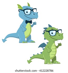 Vector hand drawn cartoon character illustration of a cute friendly nerdy dragon wearing glasses and bow tie, in contemporary flat style. Mascot or logo design element.