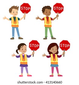 Vector Hand Drawn Cartoon Character Illustration Of Multicultural Young School Age Children In Crossing Guard Uniform Holding Stop Sign. Safe Street Crossing, School Safety Patrol, Kids Safety Rules.