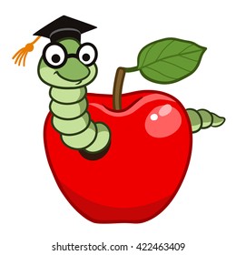 Vector hand drawn cartoon character illustration of a happy friendly bookworm in a red apple, wearing graduation cap and eyeglasses. Design element for school education concept.