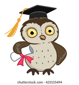 Vector hand drawn cartoon character mascot illustration of a cute owl wearing mortarboard graduation cap, holding a diploma tied with red ribbon. Education and learning design element.