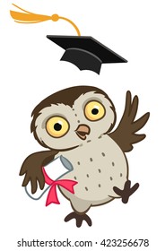Vector hand drawn cartoon character illustration of a cute happy owl throwing a mortarboard graduation cap in the air, holding a diploma tied with red ribbon. Education, school, learning concept.