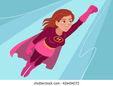 Vector hand drawn cartoon character illustration of a young Caucasian woman wearing superhero costume with cape, flying through air in superhero pose, on aqua sky background. Flat contemporary style.