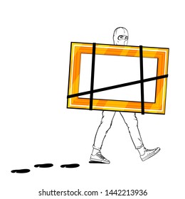 Vector hand drawn cartoon comics  illustration of thief with picture from museum, vector illustration
