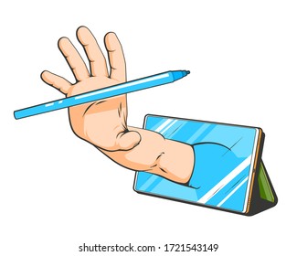 Vector hand drawn cartoon comics illustration of graphic tablet with pen and human hand, isolated on white background