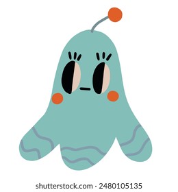 Vector hand drawn cartoon cute blue alien with eyes and red button on his head