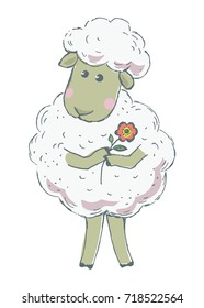 vector hand drawn cartoon cute sheep with flower