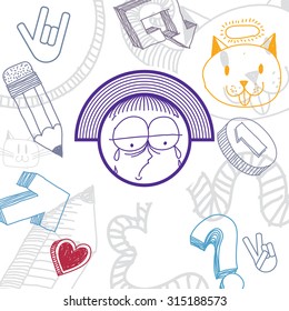 Vector hand drawn cartoon depressed crying girl with modern haircut. Education theme graphic design elements isolated. Social conversation idea drawing.
