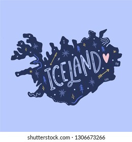 Vector hand drawn cartoon doodle map of Iceland. Illustration with details, flora and fauna