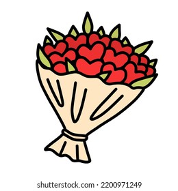 Vector Hand Dibujó Caricatura Doodle Ilustración Bouquet of Red Hearts Flowers. Tarjeta de San Valentín, logotipo, icono, pegatina, esbozo gráfico de línea aislado en un fondo blanco.