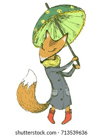 vector hand drawn cartoon fashionable fox with umbrella