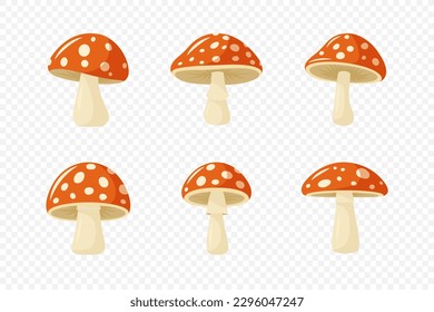 Vector Hand Drawn Cartoon Flat Mushroom Icon Set. Amanita Muscaria, Fly Agaric Illustration, Mushrooms Collection. Magic Mushroom Symbol, Design Template