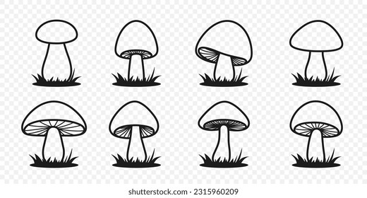 Vector Hand Drawn Cartoon Flat Mushroom Icon Set. Mushroom Illustration, Mushrooms Collection. Magic Mushroom Symbol, Design Template