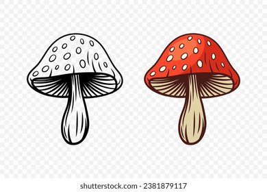 Vector Hand Drawn Cartoon Fly agaric, Toadstool Mushroom with Outline Icon Set Isolated. Mushroom Illustration, Mushrooms Collection. Magic Mushroom Symbol, Design Template