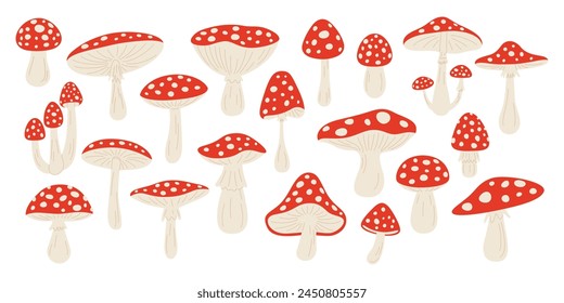 Vektorgrafik Handgezeichnete Cartoon Fliege Agarische Pilze. Amanita Muscaria, Fliegenpilz Illustration, Kollektion. Magic Mushroom Set, Design-Vorlage