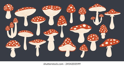 Vector Hand Drawn Cartoon Fly Agaric Mushrooms. Amanita Muscaria, Fly Agaric Illustration, Mushrooms Collection. Magic Mushroom Set, Design Template