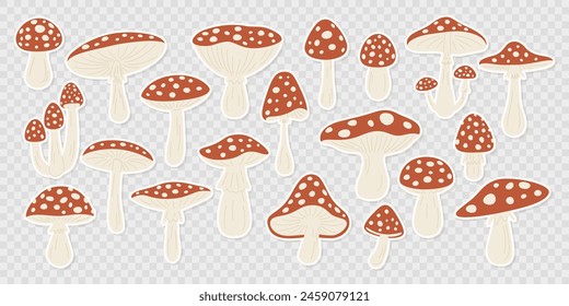 Vector Hand Drawn Cartoon Fly Agaric Mushroom Stickers Isolated. Amanita Muscaria, Fly Agaric Illustration, Mushrooms Collection. Magic Mushroom Set, Design Template