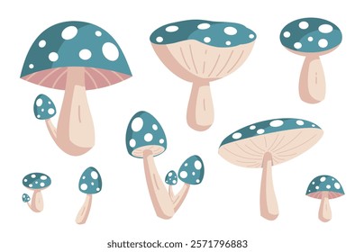 Vector Hand Drawn Cartoon Fly Agaric Mushrooms. Amanita Muscaria, Fly Agaric Illustration, Mushrooms Collection. Magic Mushroom Set, Design Template