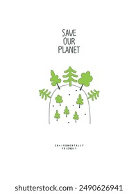 Vector hand drawn cartoon forest on the hill. Stop deforestation, doing reforestation, plant trees. Illustration of Environmentally friendly planet. 