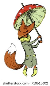 vector hand drawn cartoon fox with umbrella