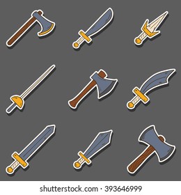 Vector hand drawn cartoon game weapon illustration. Historical steel arms. Warrior cartoon equipment. Vector blade, sword, axe weapon. Steel arms set. Hand drawn vector swords. Game weapon collection