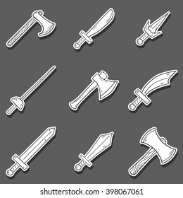 Vector hand drawn cartoon game weapon illustration. Historical steel arms. Warrior cartoon equipment. Vector blade, sword, axe weapon. Steel arms set. Hand drawn vector swords. Game weapon collection