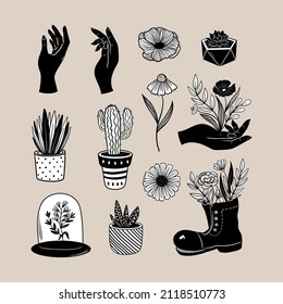 Vector hand drawn cartoon gardering set. Black potted plants, succulents, flowers and magic hands.