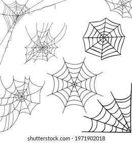 Vector hand drawn cartoon halloween element set. Collection of white outline spider silk net isolated on black background. Design holiday poster for party, invitation card, sale.