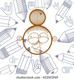 Vector hand drawn cartoon happy girl with modern haircut. Education theme graphic design elements isolated, pencils. Social conversation idea drawing.