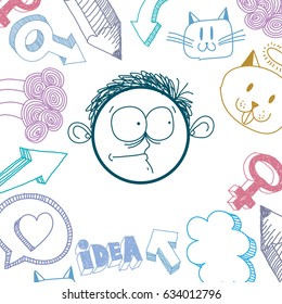 Vector hand drawn cartoon happy boy. Education theme graphic design elements isolated. Social conversation idea drawing.