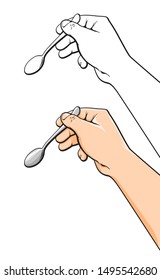 Vector Hand Drawn Cartoon Human Hand With Little Spoon, Vector Illustration Isolated On White Background