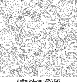 Vector hand drawn cartoon ice cream illustration for adult coloring book. Freehand sketch for adult anti stress coloring book page with doodle and zentangle elements. Seamless abstract wallpaper