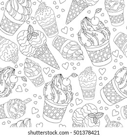 Vector hand drawn cartoon ice cream illustration for adult coloring book. Freehand sketch for adult anti stress coloring book page with doodle and zentangle elements. Seamless abstract wallpaper