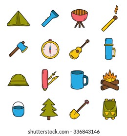 Vector hand drawn cartoon icons on camping theme