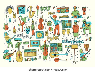 Vector hand drawn cartoon icons. Music genres theme. Line colored doodle icons. Music illustration for textil, paper, polygraphy, game, web design