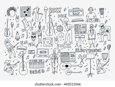 Vector hand drawn cartoon icons. Music genres theme. Line black and white doodle icons. Music illustration for textil, paper, polygraphy, game, web design