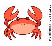 Vector hand drawn cartoon illustration of a cute smiling happy crab character, lifting up claws, isolated on white background.