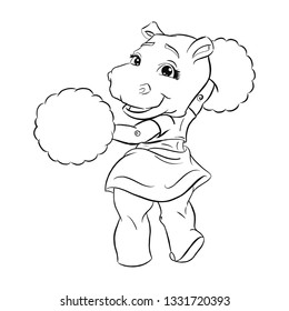Vector hand drawn cartoon illustration of cheerleader girl. Stylized hippopotamus character. Sport Fan Uniform. Football Support Female Hippo for sticker, banner, logo, icon, poster, invitation