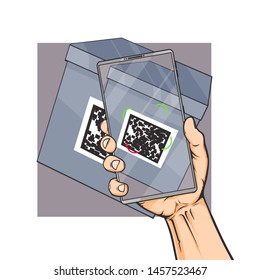 Vector hand drawn cartoon illustration with phone in hand, photo of code with phone
