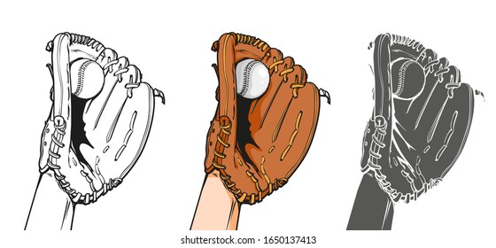 Vector hand drawn cartoon illustration of human hand with baseball glove and ball, vector illustration isolated on white background