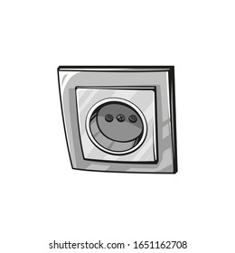 Vector hand drawn cartoon illustration of socket in the wall, vector illustration isolated on white background