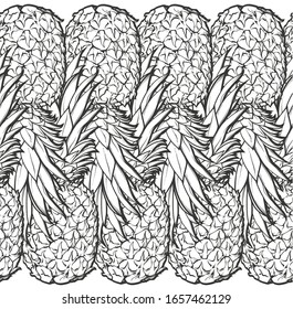 Vector hand drawn cartoon illustration of many pineapples, repeat pattern of pineapples