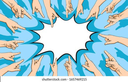 Vector hand drawn cartoon illustration of many hands with fingers showing on something, vector illustration isolated on blue background with place for text