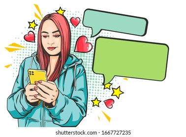 Vector hand drawn cartoon illustration of girl with phone, girl writes a message, place for text, isolated on white background, comics style illustration